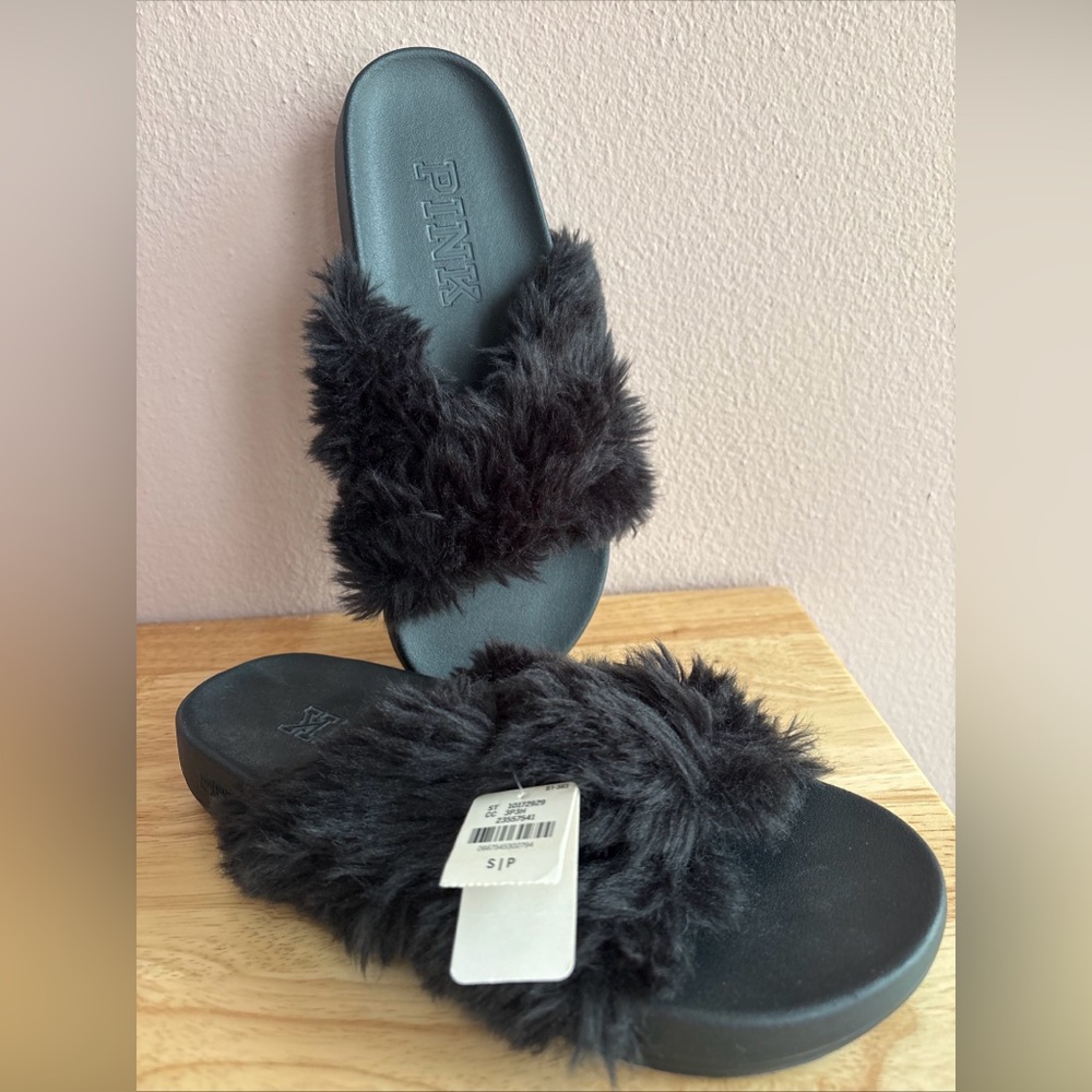 Victoria’s Secret PINK Faux Fur Crisscross Straps Slides Sandals Sz Small